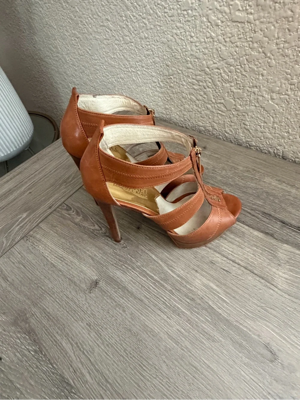 MICHAEL Michael Kors Brown Leather Peep-Toe Zip Front Heels